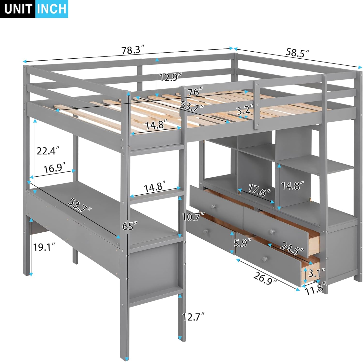 Harper & Bright Designs Full Size Loft Bed with Desk and 2 Drawers, Solid Wood Full Loft Bed with Storage Shelves and Drawers for Girls Boys Teens Adults,No Box Spring Needed,Grey