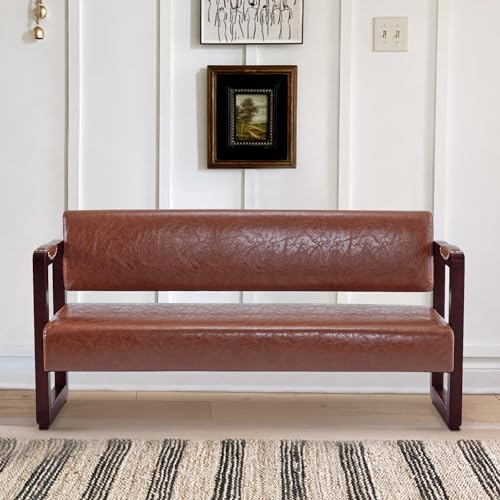 BarberPub Waiting Room Chairs, Bench with Backrest, Modern Style Leather Bench with Rivets, Faux Leather Armed Bench, Upholstered Bench for Living Room Office W423 (Brown)