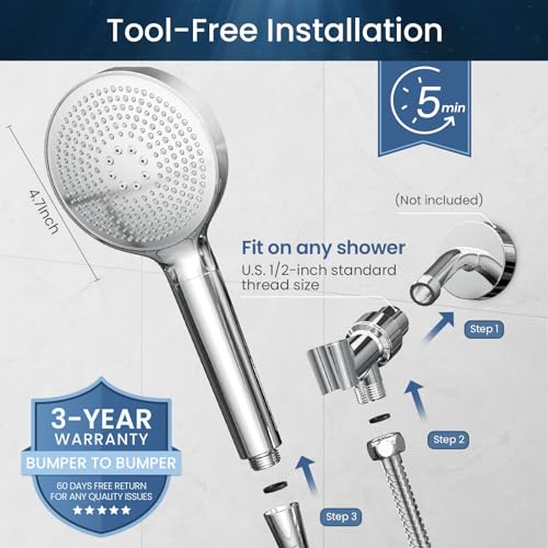 High Pressure Shower Head with Handheld, 8-mode Shower Heads, Anti-clog Nozzles, Built-in Power Wash to Clear Tub, Tile & Pets, with Extra Long Stainless Steel Hose and Adjustable Bracket