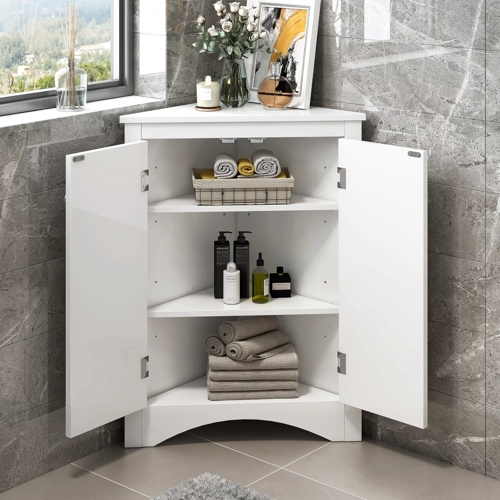 ANTSKU Corner Cabinet with Doors, Corner Bathroom Storage Cabinet with 2 Adjustable Shelves, Bathroom Floor Corner Cabinet for Kitchen, Bathroom, Living Room (White)