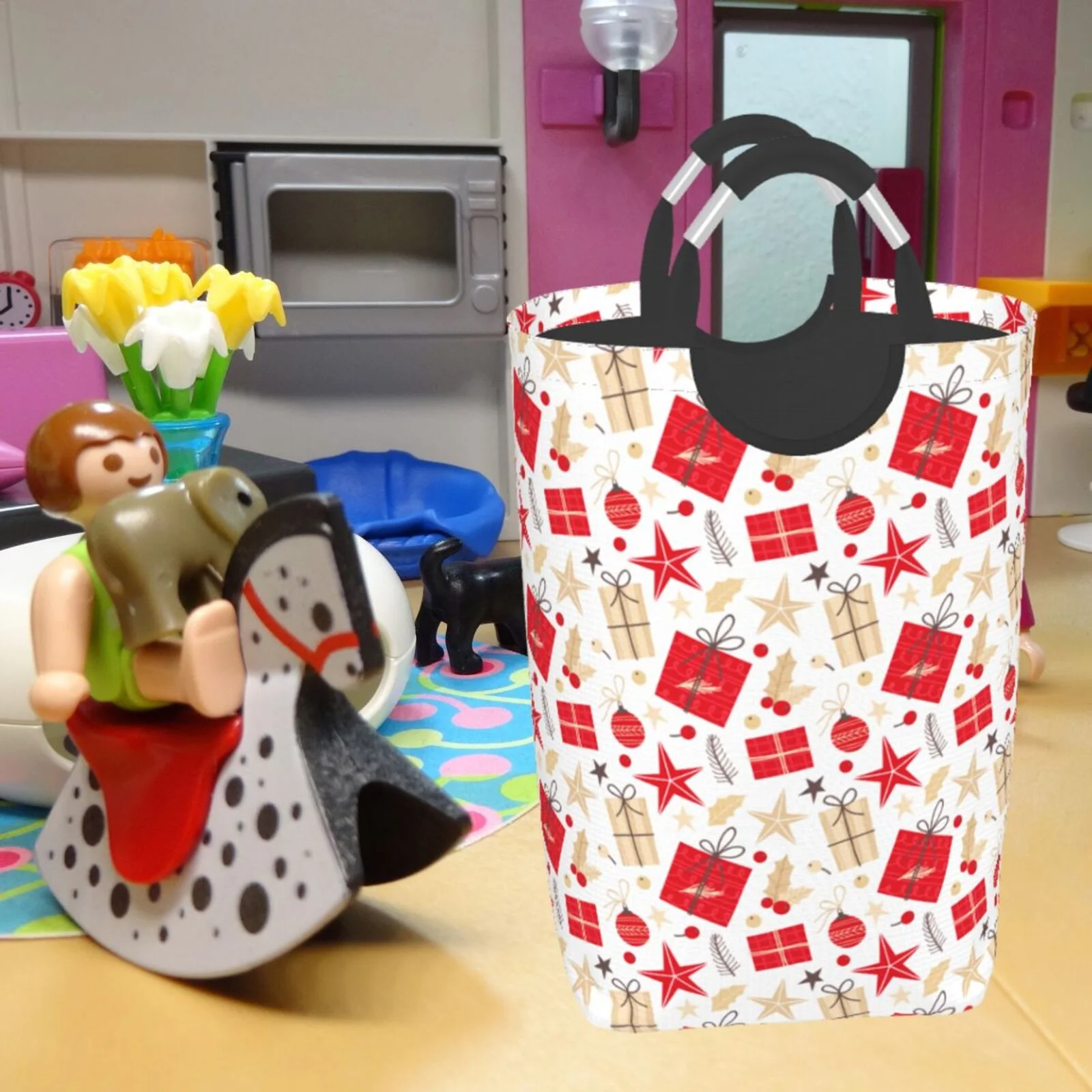 XMXT Collapsible Laundry Basket Hamper, Red Christmas Box Print Large Laundry Bag Clothes Hamper with Aluminum Handle, 50L