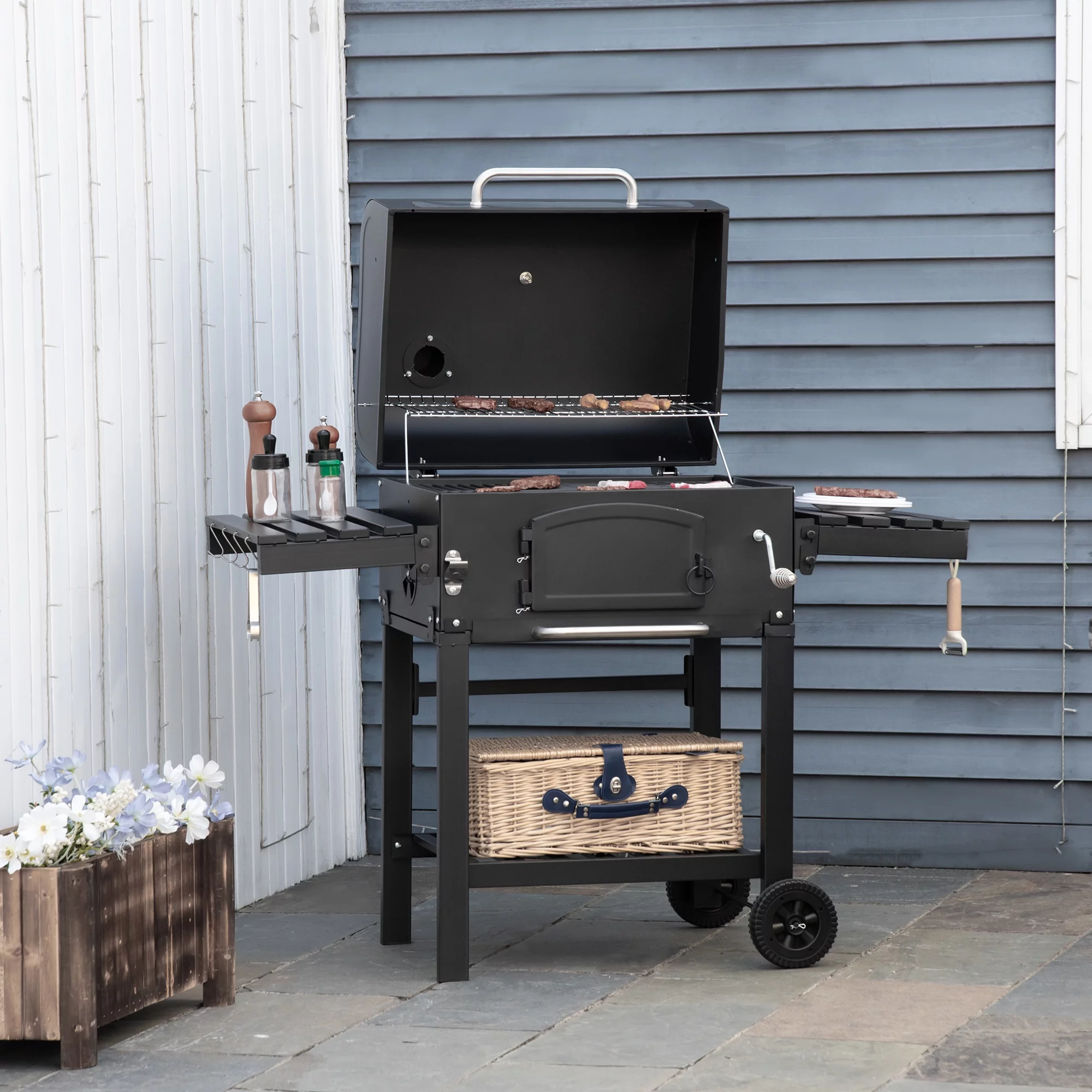 Outsunny Charcoal Grill, BBQ with Adjustable Charcoal Height, Black