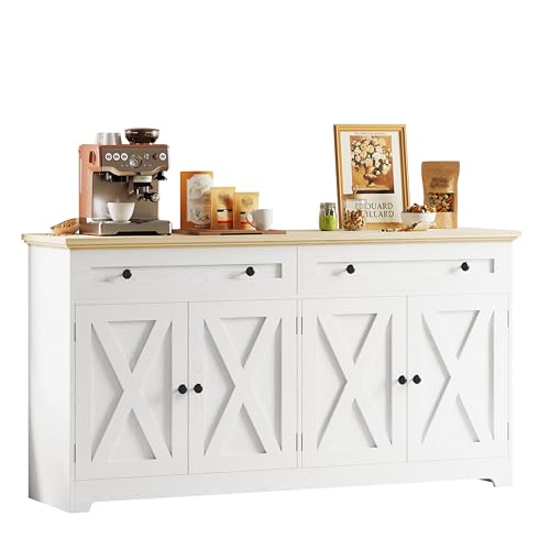 IRONCK Buffet Cabinet with Storage, Sideboard Storage Cabinet, Kitchen Cabinet with Drawers and Doors, Natural Wood