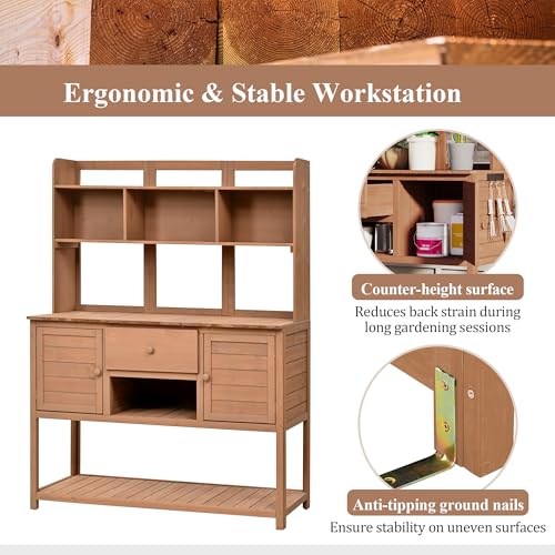 Outdoor Wooden Potting Bench Table – Farmhouse Garden Workstation with Drawers, Cabinet & Storage Shelves, Large Fir Wood Work Table for Patio, Backyard, Mudroom, Greenhouse (Light Brown, 66''H)