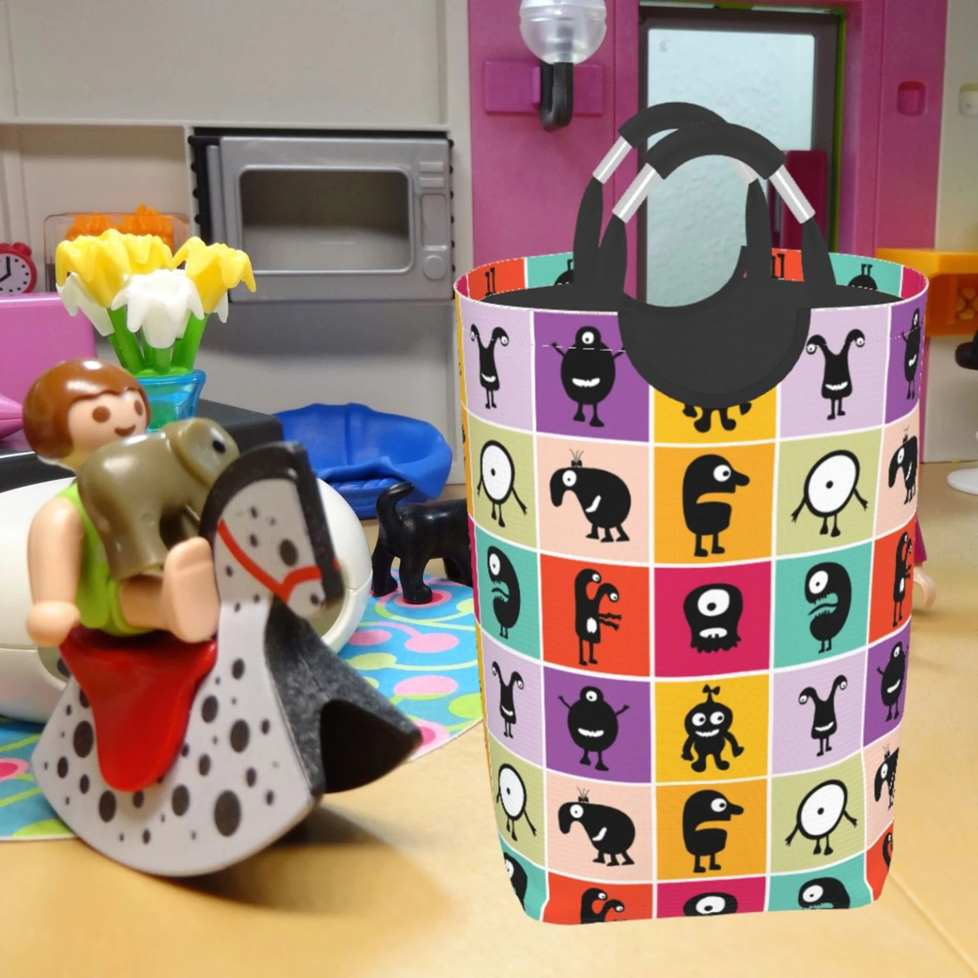 TEQUAN 50L Large Rectangular Laundry Hamper with Aluminum Handles, Happy Freaky Cartoon Animals Prints Waterproof Foldable Dirty Clothes Basket