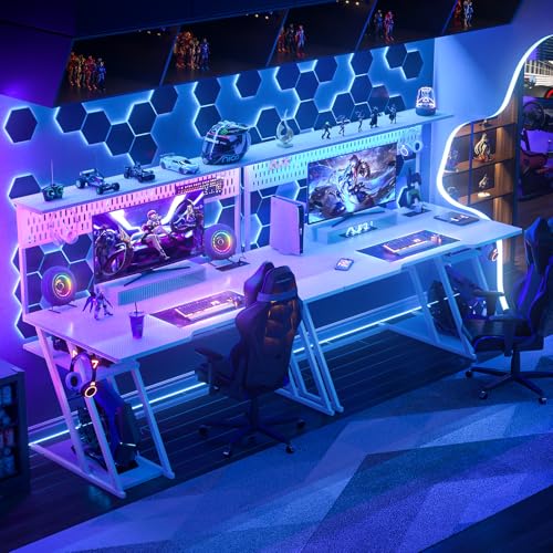 Armocity Gaming Computer Desk with Shelves and Outlets, Gaming Desk with Hutch and LED Lights, Reversible PC Gaming Desks with Pegboard, Carbon Fiber Black 47''