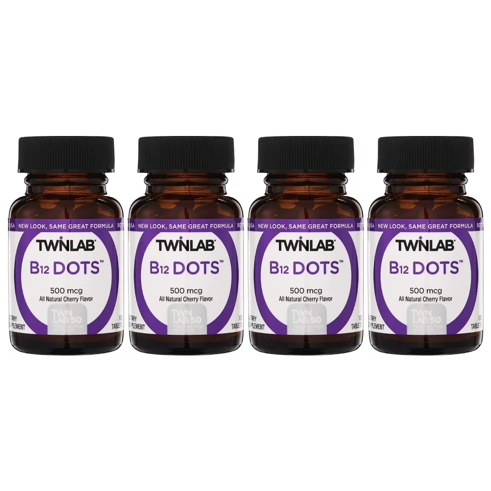 Twinlab B12 Dots - Vegetarian Vitamin B12 Sublingual Natural Energy Pills - for Nerve & Brain Health, Energy Boost & Daily Immune Support - 500mcg, Cherry Flavor 100 Lozenges, 4 Pack
