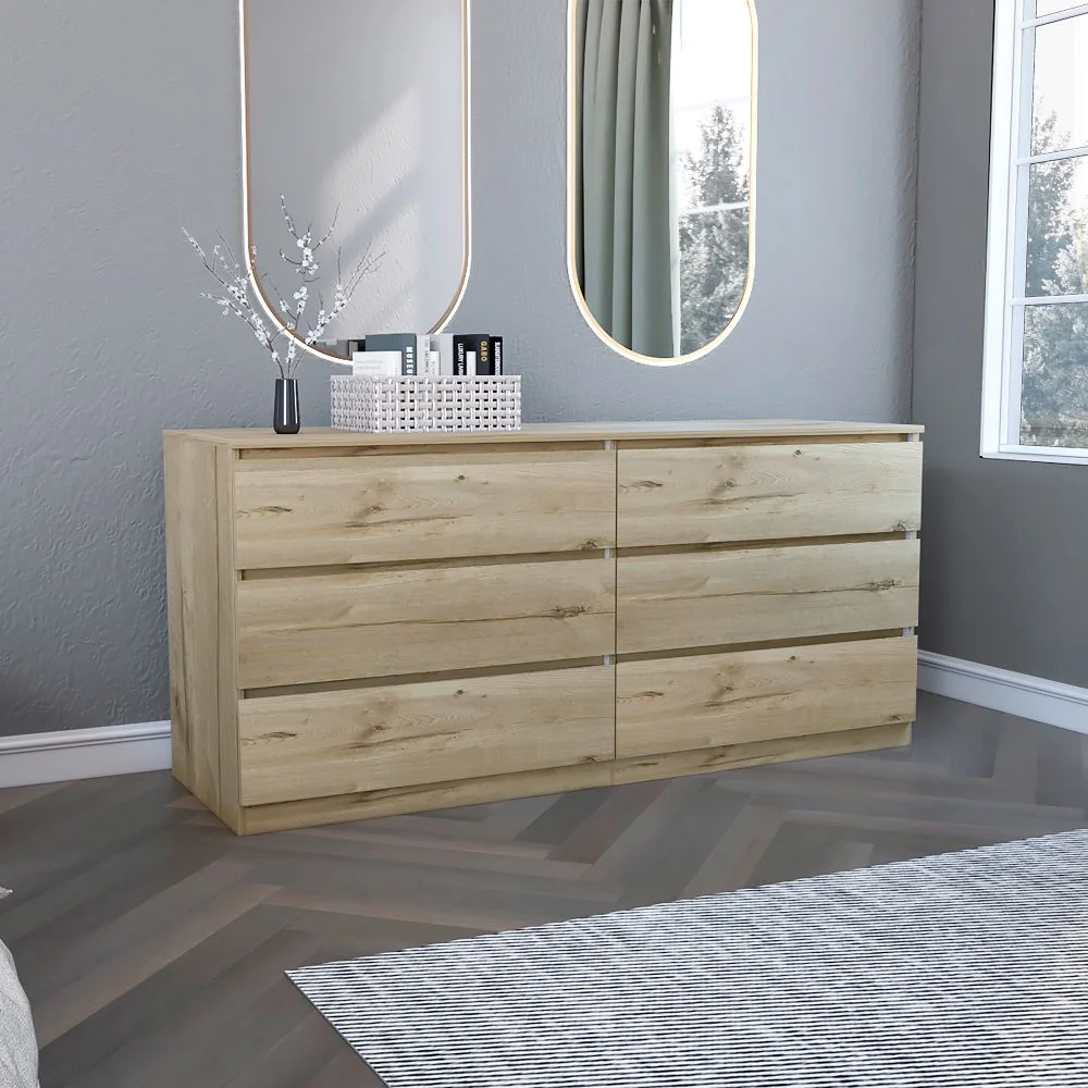 Depot E-Shop DE-CDB7669 Cocora 6 Drawer Double Dresser with Superior Top, Light Oak & White