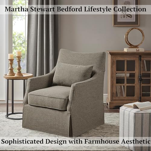 Martha Stewart London Swivel Chair - Solid Wood & Plywood, Skirted Metal Base Accent Armchair, Lumbar Pillow -Modern Classic Family Room Sofa Furniture Bedroom Lounge, 28