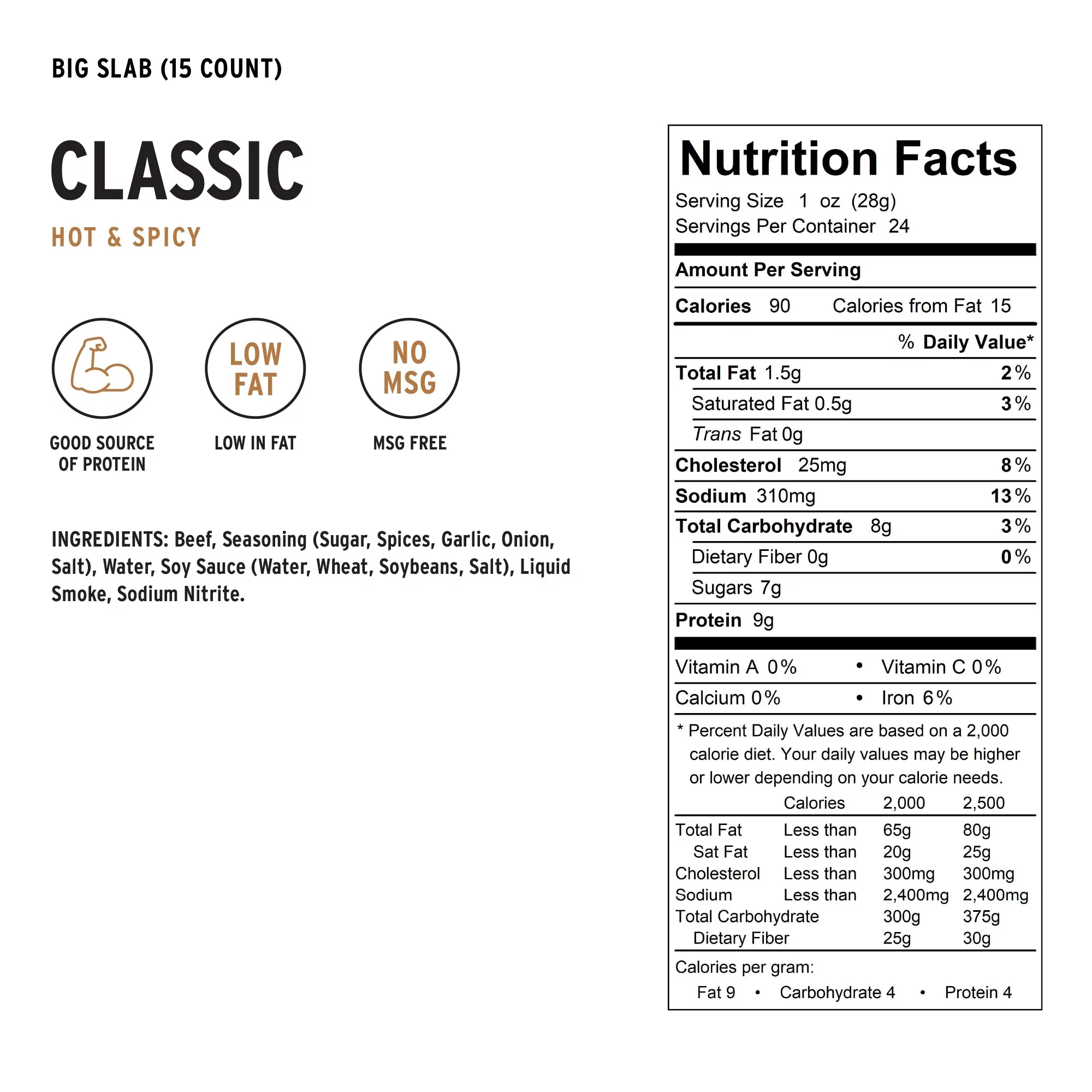 People's Choice Beef Jerky - Classic - Hot & Spicy - Big Slab - Premium Cuts - Thin Sheets - 15 Count, 1 Bag