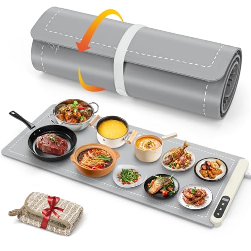 FYY Warming Mat for Food - Rapid and Full Surface Heating, 6 Temp Settings, 6H Timer, Rollable Portable Food Warming Mat, Ideal for Gatherings, Parties, Keep Meal Warm (X Large Size, Gray)