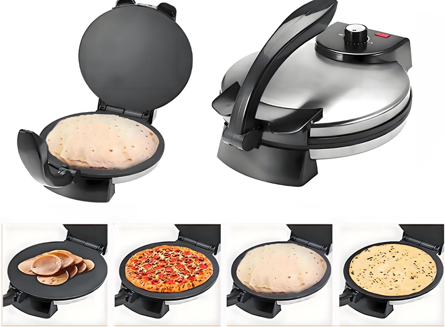 Electric Roti Maker Electric Tortilla Maker 10 Inch Electric Automatic Chapati Maker Stainless Steel Non-Stick Electric Tortilla Press with Removable Handle Can Make Chapati, Tortilla, Roti