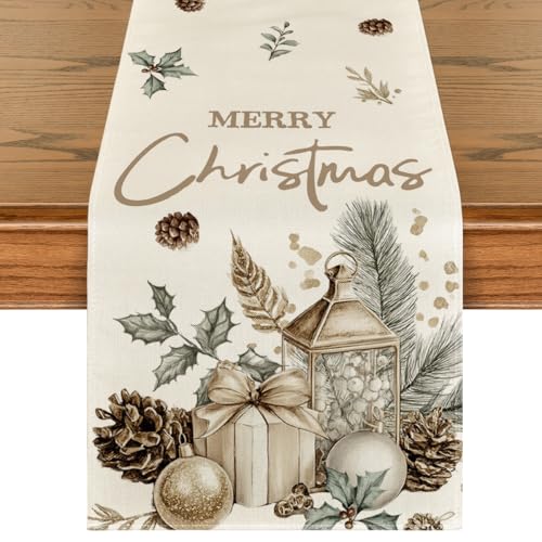 Artoid Mode Xmas Ball Gifts Pine Cone 210 GSM Christmas Table Runner, Seasonal Winter Kitchen Dining Table Decoration for Home Party Decor 13x72 Inch