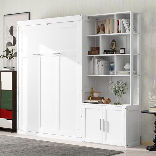 Merax Full Size Murphy Bed, White Wood Wall Bed Cabinet with Multiple Storage Shelves and a Cabinet