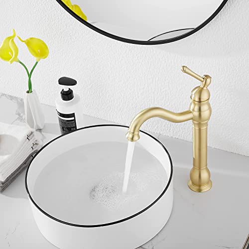 GGStudy 360° Swivel Antique Brass Bathroom Vessel Sink Faucet Single Handle One Hole Matching with Pop Up Drain