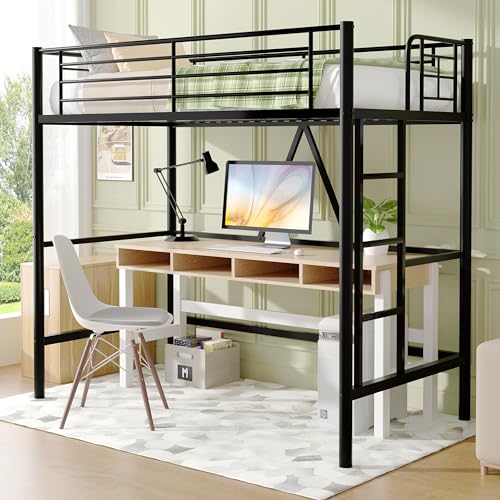 VECELO Metal Loft Bed Twin Size, Heavy Duty Bedframe with Removable Ladder and Safety Guardrail, Space-Saving, Noise Free, No Box Spring Needed, Off White