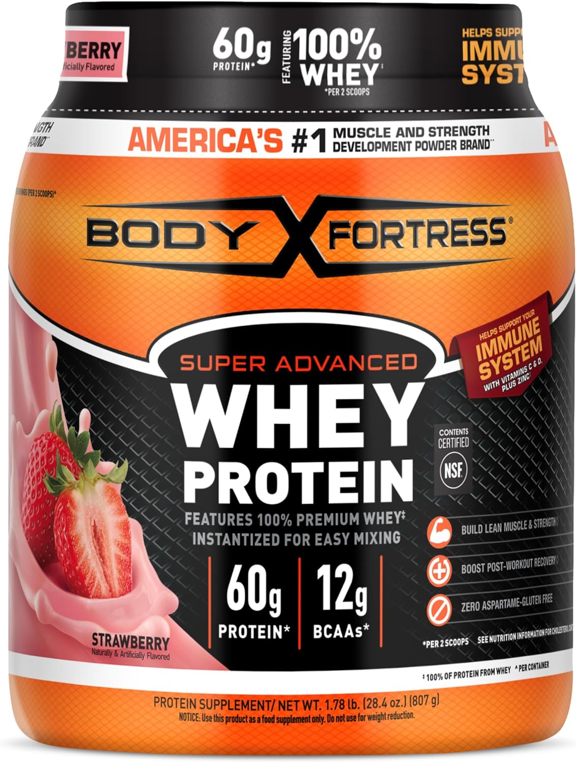 Body Fortress Super Advanced 100% Whey Protein Powder, Strawberry, 60g Protein & 12g BCAAs Per 2 Scoops + Nutricost Creatine Monohydrate Micronized Powder 500G, 5000mg Per Serv (5g), 100 Servings