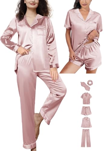 6Pcs Womens Silk Satin Pajamas Set XS-XXL Pajama Sets Pjs Set Button Down Pj Sets Sleepwear Loungewear