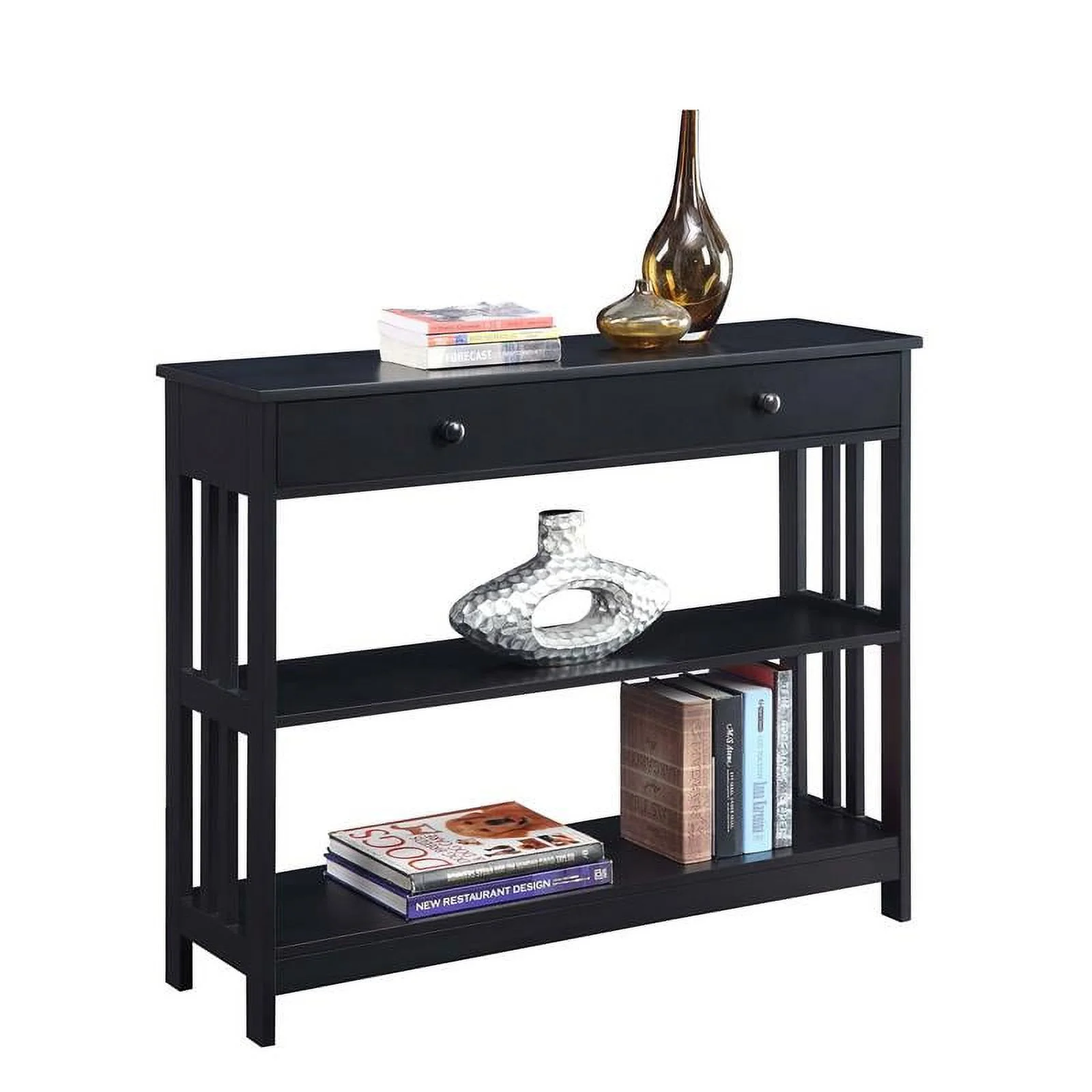 Pemberly Row Transitional Mission One-Drawer Console Table in Black Wood Finish