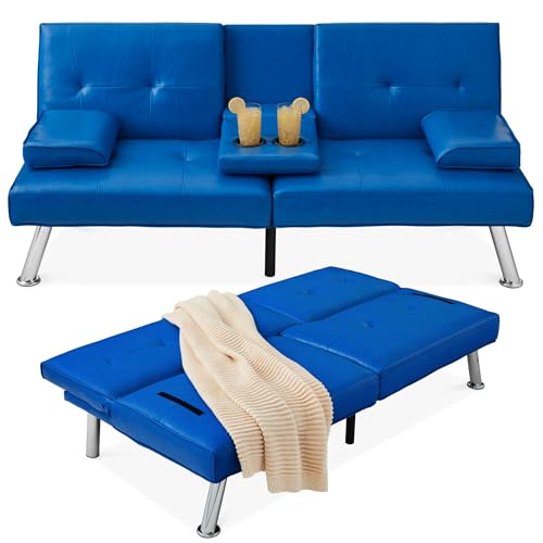 Best Choice Products Faux Leather Upholstered Modern Convertible Futon, Adjustable Folding Sofa Bed, Guest Bed w/Removable Armrests - Blue
