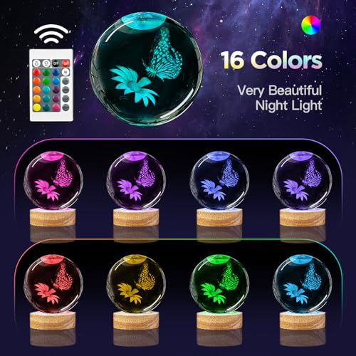 3D Butterfly Crystal Ball Night Light with Woodern Base, 3.15