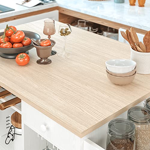 IRONCK Rolling Kitchen Island Cart with Drop-Leaf and Wine Rack, Microwave Rack Serving Cart on Wheels with Drawer & Shelves & Spice Rack & Cup Hanging, White