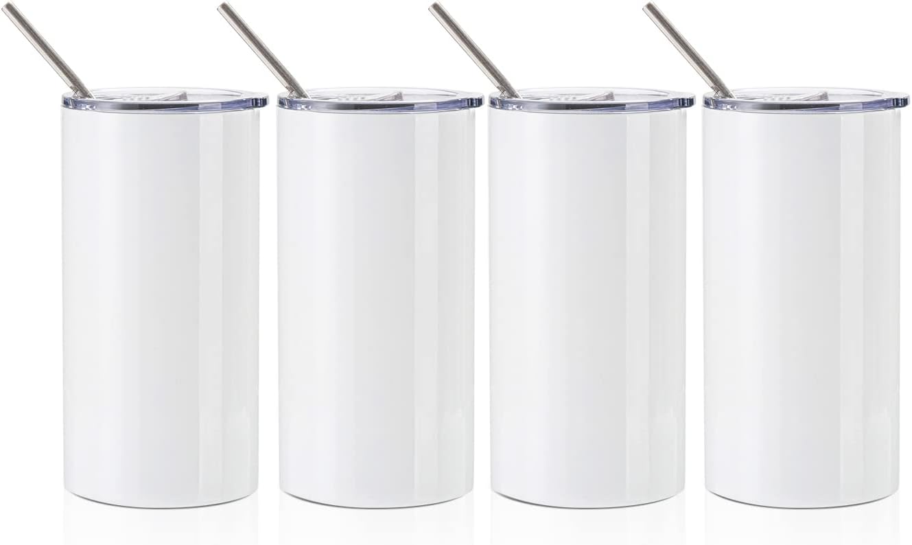 PYD Life Sublimation Blanks Tumbler Straight Fatty 20 OZ White Stainless Steel Tumbler Cups with Lid and Metal Straw for Cricut Mug Press Machine Sublimation Print 4 Pack