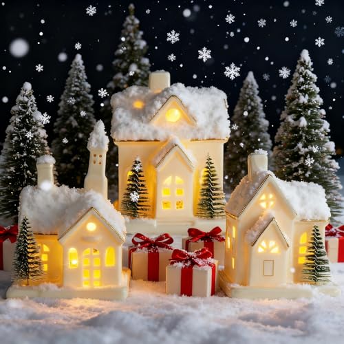 Timer: White Ceramic Christmas Village Houses, 3Pcs Light Up Christmas Village Sets with 4Pcs Trees, LED Lighted Tabletop House Figurines for Home Decor, Winter Holiday, Xmas Gift