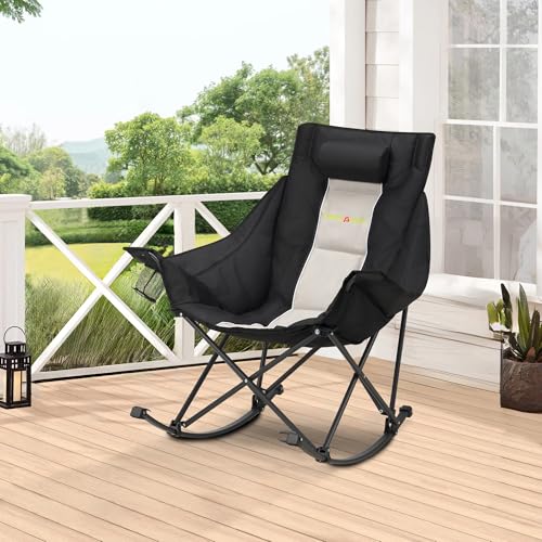 Oversized Rocking Camping Chair with Headrest & Cup Holder - 400lbs Capacity, 600D Oxford Fabric, Easy Fold Portable Outdoor Rocker Chair for Camping, Backyard, Beach, Deep Gray
