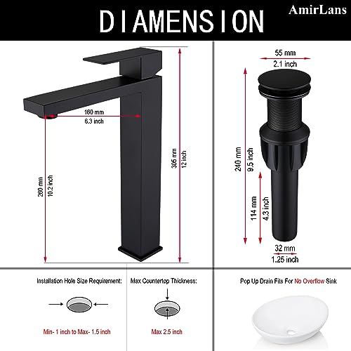 Brushed Gold Vessel Sink Faucet - Tall Single Hole Bathroom Faucet with Pop Up Drain, AML-11411-BG