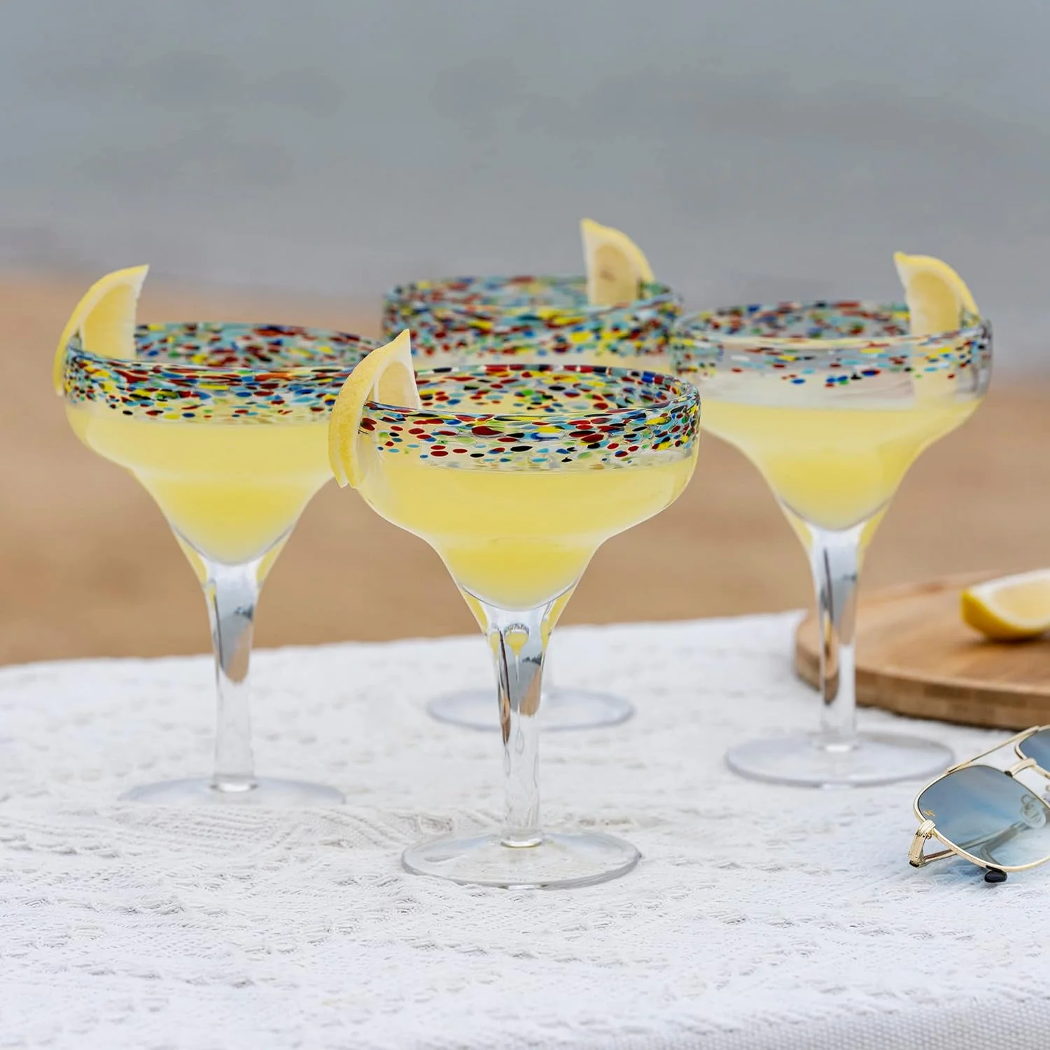 TWS Mexican Margarita Hand Blown Glasses by The Wine Savant - Set of 4, 16oz, Confetti Rim, Dishwasher Safe