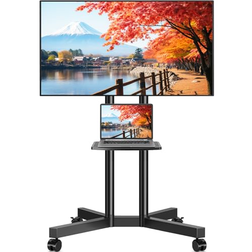 Rfiver Rolling TV Stand with Laptop Shelf, Mobile TV Stand with Upgraded Wheels for 32-75 Inch TVs, Height Adjustable Mobile TV Cart up to 88lbs, Portable TV Mount Stand for Outdoor, Home, Office