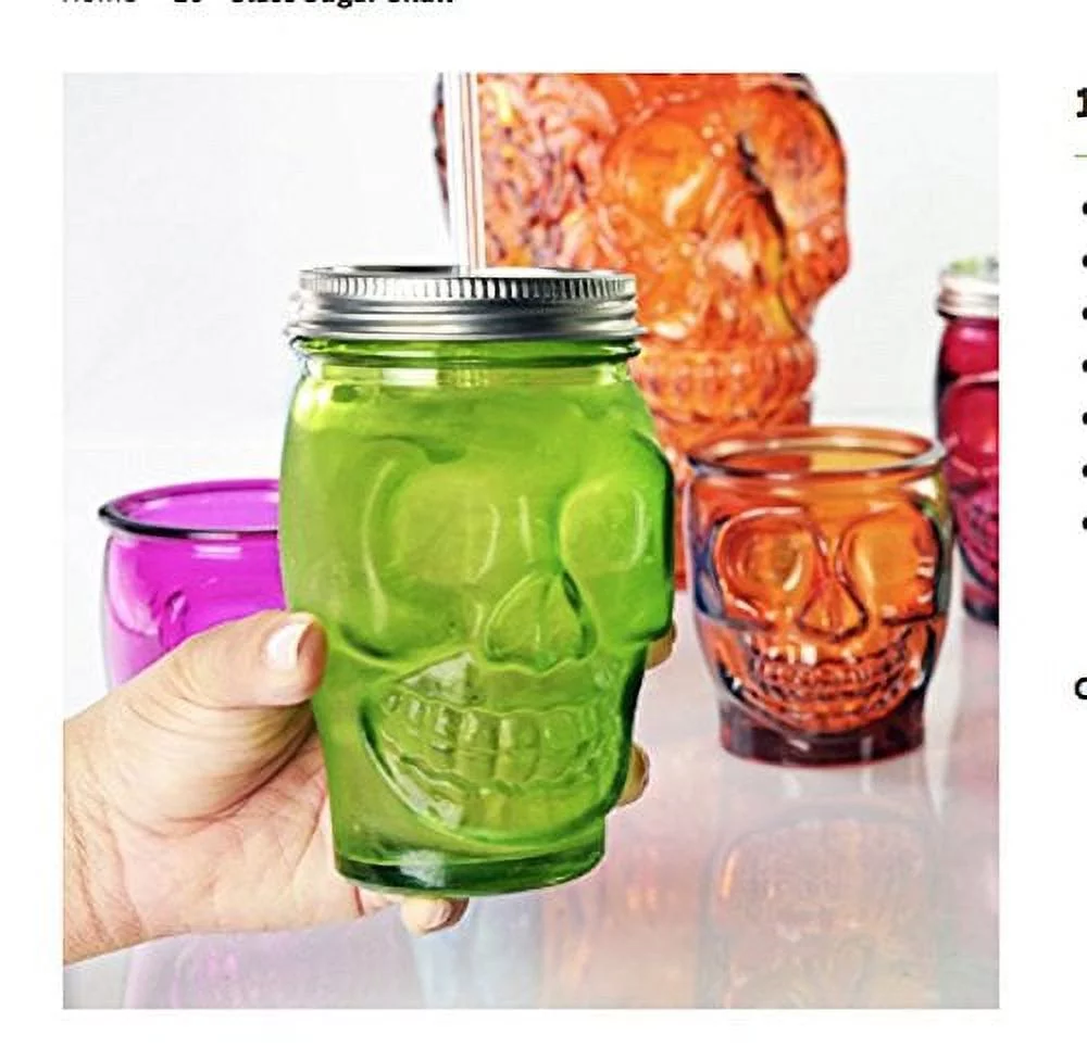 Couronne - Sugar Skull Glass Tumbler w/ Straw - Aqua Blue