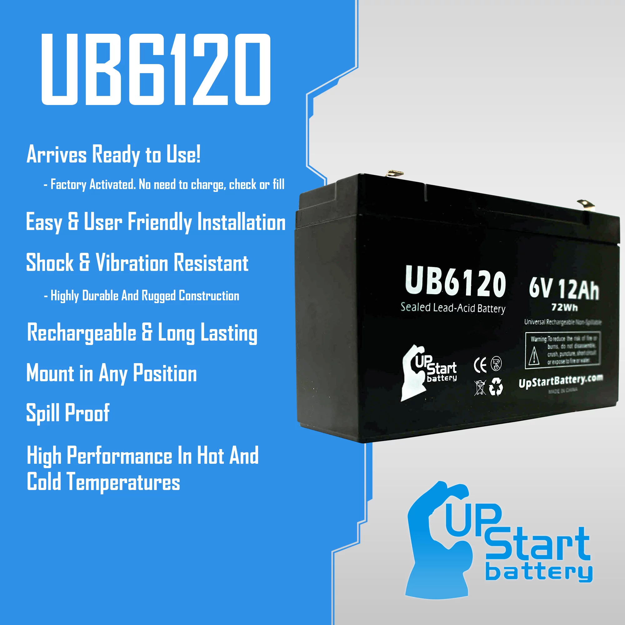2x Pack - Compatible W. W. GRAINGER 5VC16 Battery - Replacement UB6120 Universal Sealed Lead Acid Battery (6V, 12Ah, 12000mAh, F1 Terminal, AGM, SLA) - Includes 4 F1 to F2 Terminal Adapters