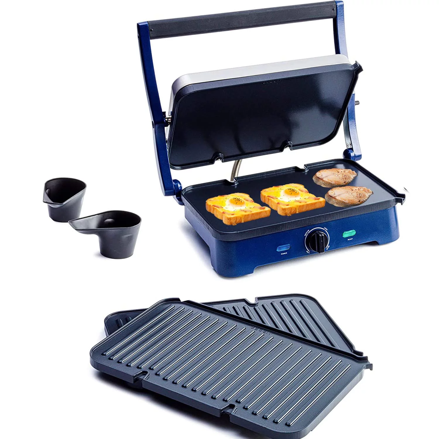 Ceramic Electric Griddle Nonstick - Contact Griddle with Waffle Plates (Blue)