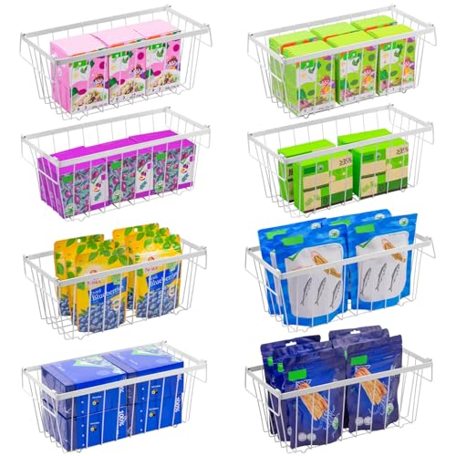Wetheny Freezer Organizer Bins With Side Handle -8 Pack Stackable Chest Freezer Organizer for 7 Cu.FT - Deep Freezer Sort Frozen Food Wire Metal Basket Storage Bins Rack (White)