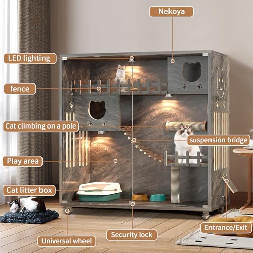 Enclosed Cat Condo, Large Space Cat Cage with Scratching Post, Wooden Indoor/Outdoor Cat Enclosure, Multi-Feature Cat Houses Ventilation Glass Doors, 50