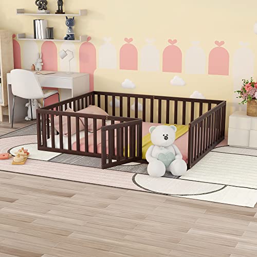 Twin Size Floor Bed Frame with Safety Fence and Door, Solid Wood Toddler Floor Bed with Fence, Twin Montessori Floor Bed Frame for Kids Girls Boys, Natural