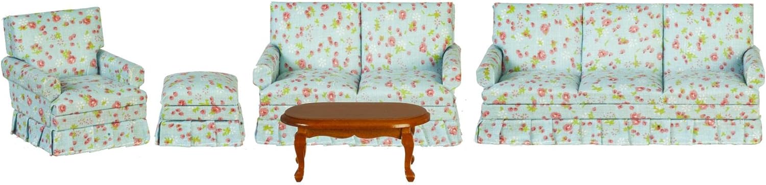 Dollhouse Blue Floral Country Cottage Miniature Living Room Furniture Set 1:12