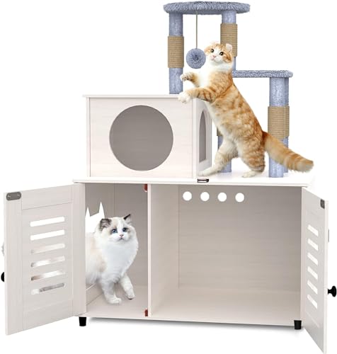 White All-in-one Cat Cabinet with Litter Box Enclosure, Scratching Post, Soft Plush Perch and Divider