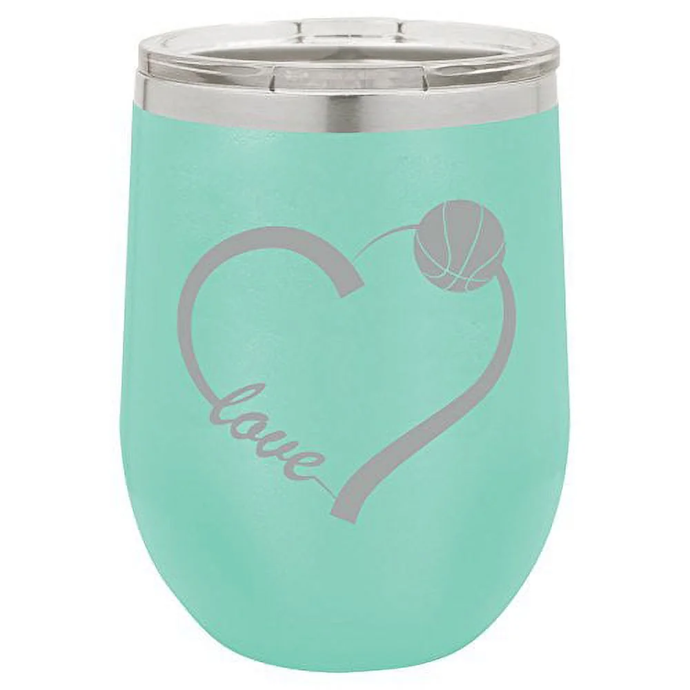 12 oz Double Wall Vacuum Insulated Stainless Steel Stemless Wine Tumbler Glass Coffee Travel Mug With Lid Love Heart Basketball (Teal)
