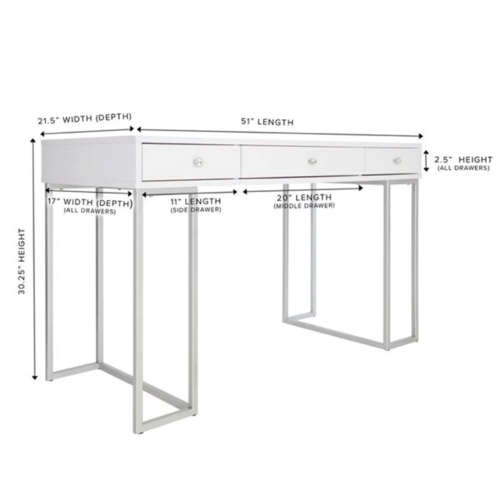 Impressions Vanity Premium Makeup Desk, Celeste Modern Table with 3 Drawers and Crystal Knobs, Perfect for Bedroom Decore (White)