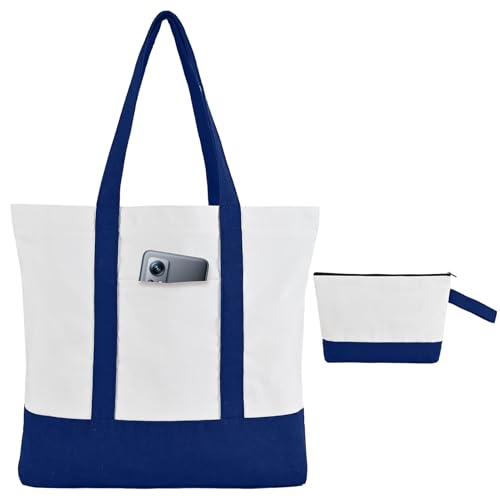 16 Pack Canvas Tote Bags Bulk and Makeup Pouches Set, 12oz Cotton Reusable Zippered Grocery Bags with Handles, DIY Sublimation, Halloween Craft, Beach & Travel with External Pocket (Women & Men)