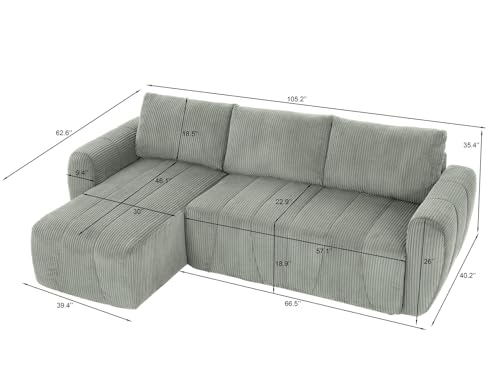 Modular Sectional Sleeper Sofa with Storage, Convertible 3 Seat L Shape Sectional Couch with Reversible Chaise, Modern Upholstered Corduroy Sleeper Couch with Pullout Bed for Living Room (Light Grey)