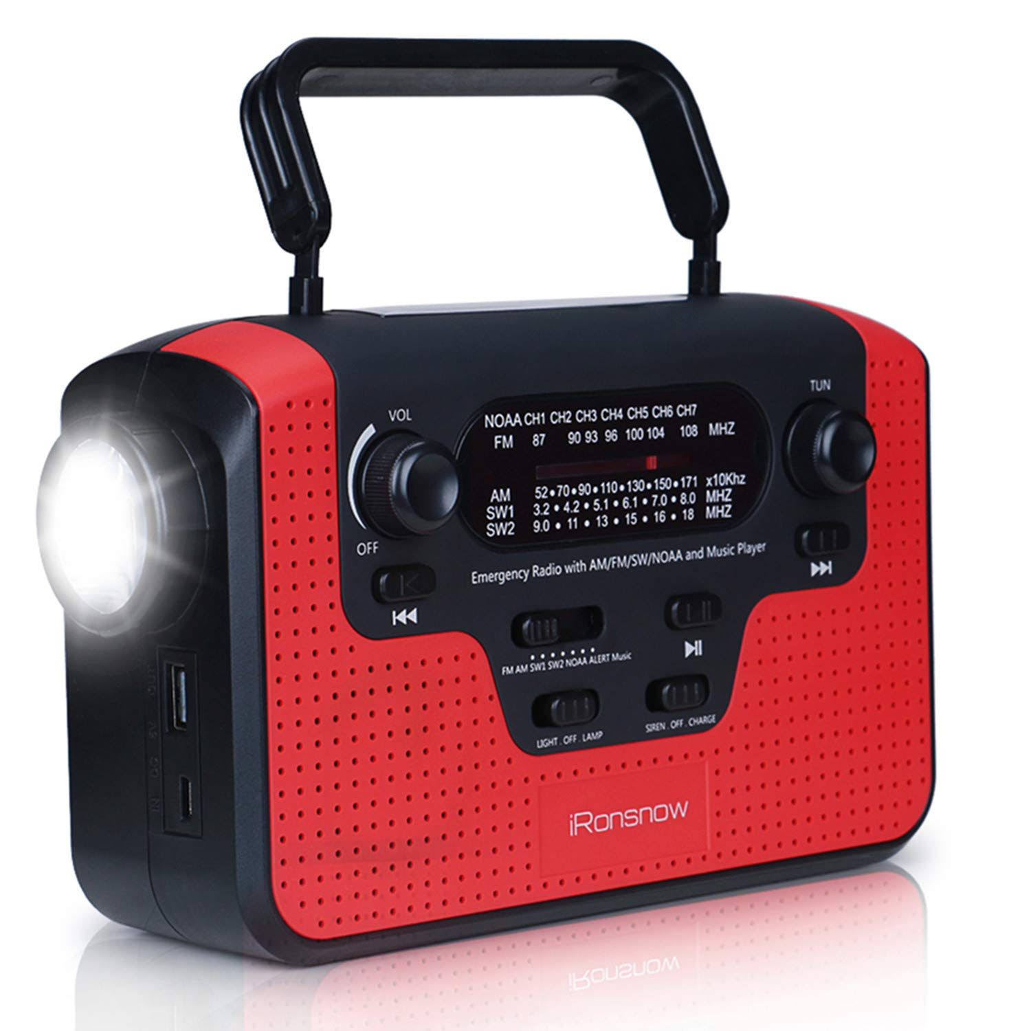 Real NOAA Alert Weather Radio with Alarm, iRonsnow IS-388 Solar Hand Crank Emergency AM/FM/SW/WB Radio, TF Card Speaker, LED Fla
