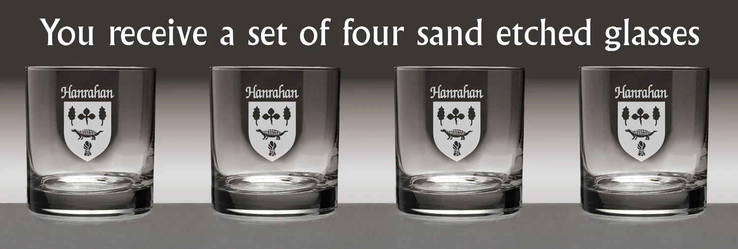 Hanrahan Irish Coat of Arms Tumbler Glasses - Set of 4 (Sand Etched)