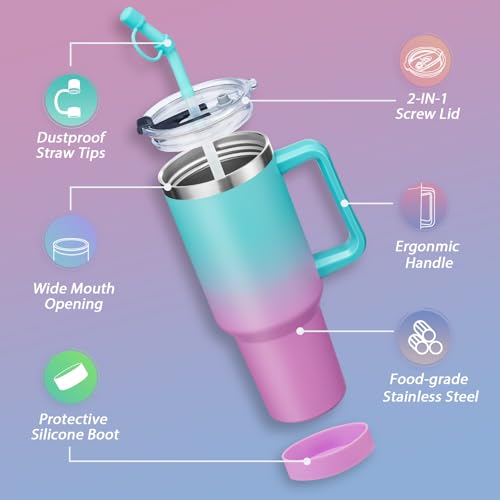 40 oz Tumbler with Handle and Straw Spout Lid - 100% Leak-proof Travel Coffee Cup, BPA Free Metal Mug, Vacuum Insulated Water Bottle- (Cold-34H & Hot-10H), Straw Cover, Silicone Boot