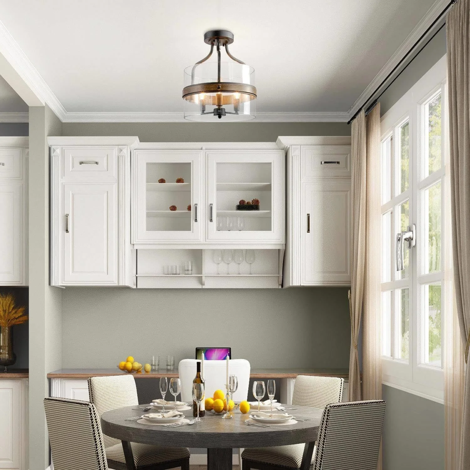 Farmhouse Semi Flush Mount Ceiling Lighting, Close to Ceiling Light Fixtures with Faux Wood & Clear Glass for Hallway, Bedroom, Kitchen, Foyer and Dining Room