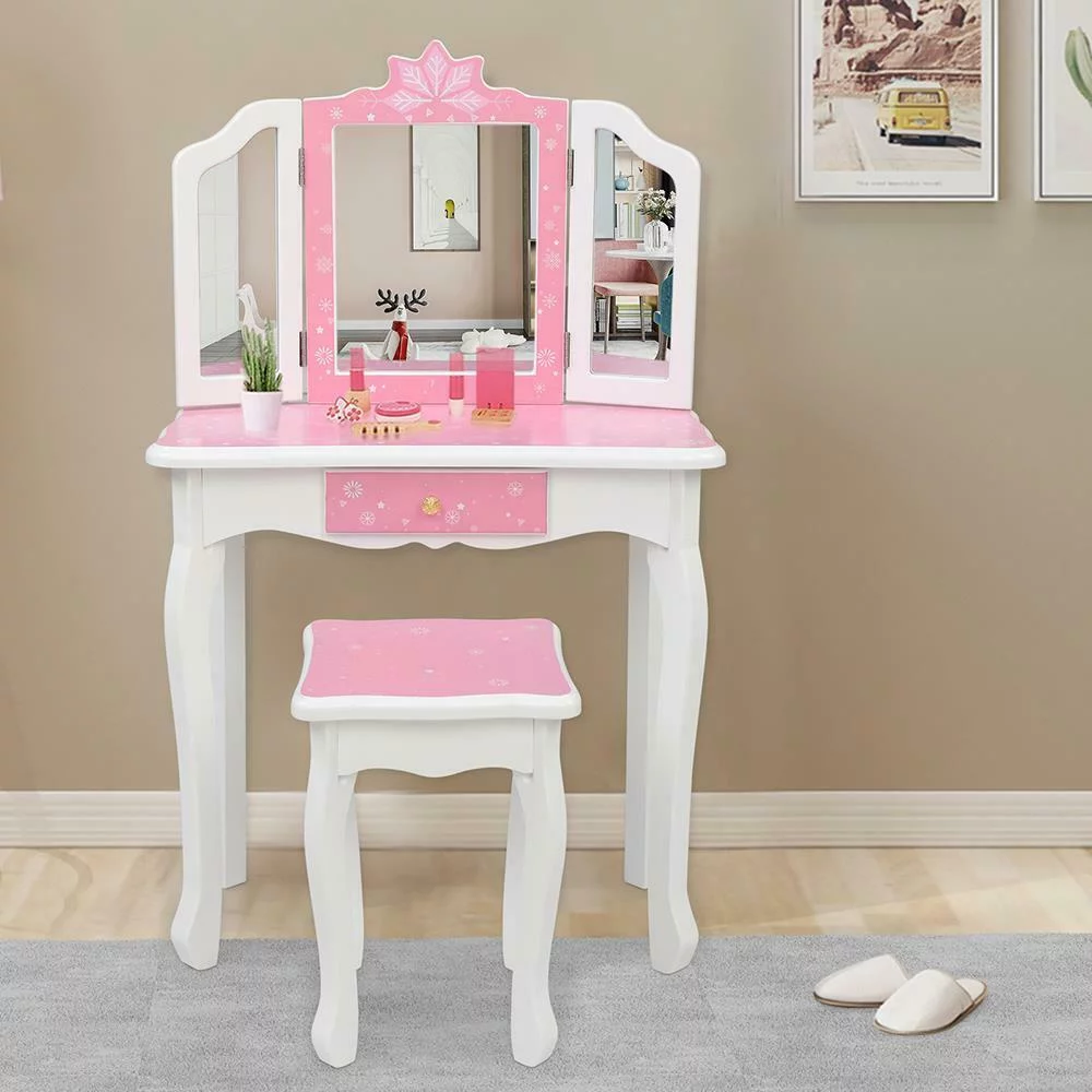 New Arrival Kids Pretend Play Kids Vanity Table and Chair Vanity Set with Mirror Makeup Dressing Table with Drawer Fashion Giraffe Prints Gisele Play Vanity Set Pink White