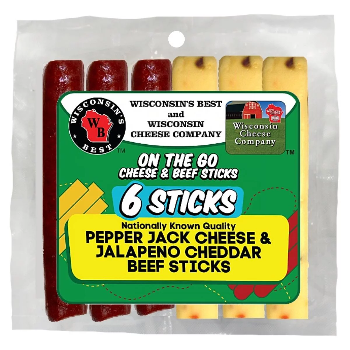 Wisconsin's Best Six Sticks Pepper Jack Cheese & Jalapeno Cheddar Beef Stick Pack, 6 oz, 4 ct, Shelf Stable